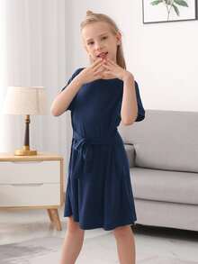 Đầm Gái màu trơn Giải trí - Màu xanh hải quân - Xem 4