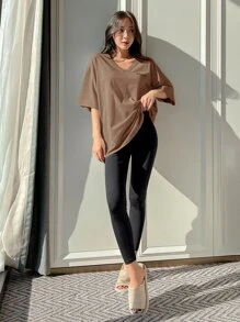 DAZY con estampado de letra Camiseta de hombros caídos & Leggings - Café integral - Ver 1