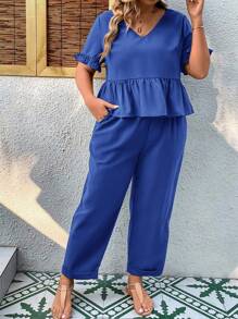 SHEIN LUNE Top peplum de manga con volante con pantalones - Azul - Ver 1