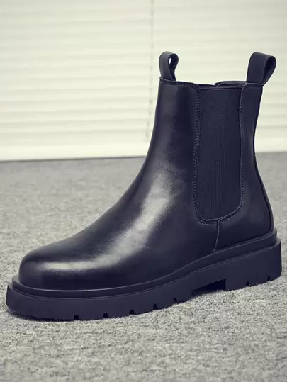 Wear With Jeans, Men Minimalist Slip On Chelsea Boots, Artificial Leather Fashion Boots Black, Ideal With Jeans