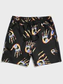 ROMWE MEN Quần Short Nam Dây kéo Túi Thắt nơ trước Tất cả trên in Đường phố - màu đen - Xem 1