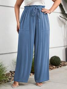 SHEIN LUNE Plus Paperbag Waist Knot Front Wide Leg Trousers - Dusty Blue - View 3