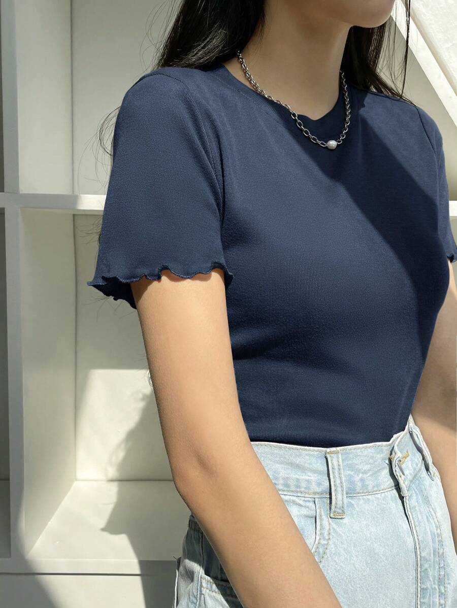 DAZY Solid Lettuce Trim Ribbed Knit Tee Summer - Blue - View 1