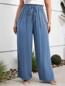 SHEIN LUNE Plus Paperbag Waist Knot Front Wide Leg Trousers - Dusty Blue - View 5