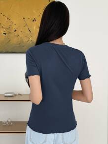 DAZY Solid Lettuce Trim Ribbed Knit Tee Summer - Blue - View 2