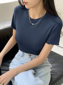 DAZY Solid Lettuce Trim Ribbed Knit Tee Summer - Blue - View 5