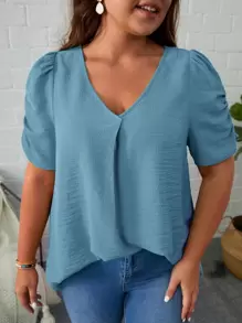 SHEIN Clasi 大碼褶邊泡泡袖襯衫 - 霧霾藍 - 查看 1