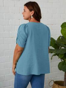 SHEIN Clasi 大碼褶邊泡泡袖襯衫 - 霧霾藍 - 查看 2