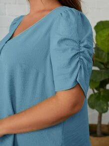 SHEIN Clasi 大碼褶邊泡泡袖襯衫 - 霧霾藍 - 查看 3