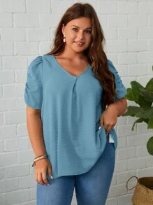 SHEIN Clasi 大碼褶邊泡泡袖襯衫 - 霧霾藍 - 查看 6