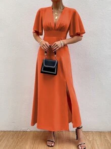 Chiquease Đầm Dây kéo Tách cao Nếp gấp Phần Ngực màu trơn Thanh lịch - Màu Cam cháy - Xem 1