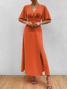 Chiquease Đầm Dây kéo Tách cao Nếp gấp Phần Ngực màu trơn Thanh lịch - Màu Cam cháy - Xem 4