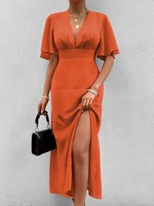 Chiquease Đầm Dây kéo Tách cao Nếp gấp Phần Ngực màu trơn Thanh lịch - Màu Cam cháy - Xem 6