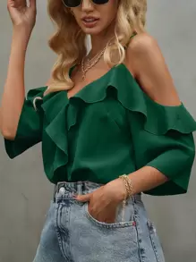 SHEIN Clasi Áo sơ mi nữ Xù màu trơn Giải trí - màu xanh lá - Xem 3