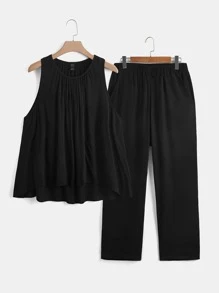 SHEIN LUNE Plus Solid Tank Top & Pants - Black - View 1