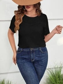 SHEIN LUNE 大碼素色蕾絲肩部T恤 - 黑色 - 查看 1