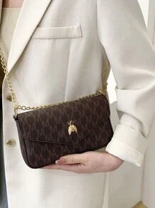 Fashionable Letter Chain Shoulder Bag For Women - Coffee Brown - View 4