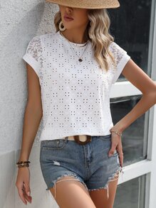 SHEIN Clasi 網眼刺繡蝙蝠袖網眼刺繡T恤 - 白色 - 查看 6