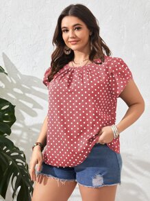 SHEIN Clasi 夏季加大圆点花瓣袖衬衫 - 藕粉色 - 查看 1