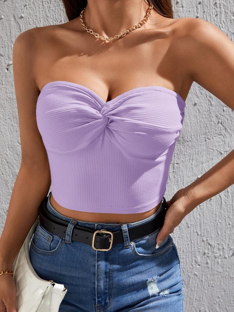 SHEIN PETITE Top bandeau girante delantero tejido de canalé - Lila Púrpura - Añade 1