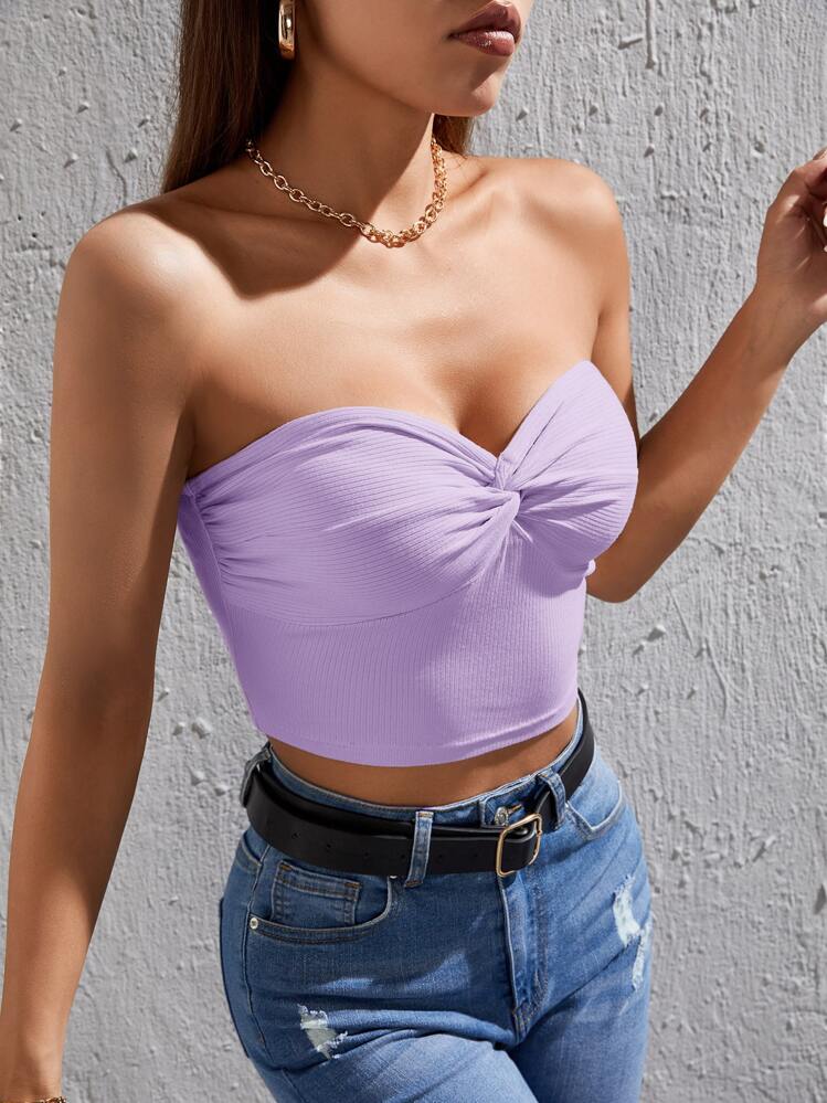 SHEIN PETITE Top bandeau girante delantero tejido de canalé - Lila Púrpura - Añade 5