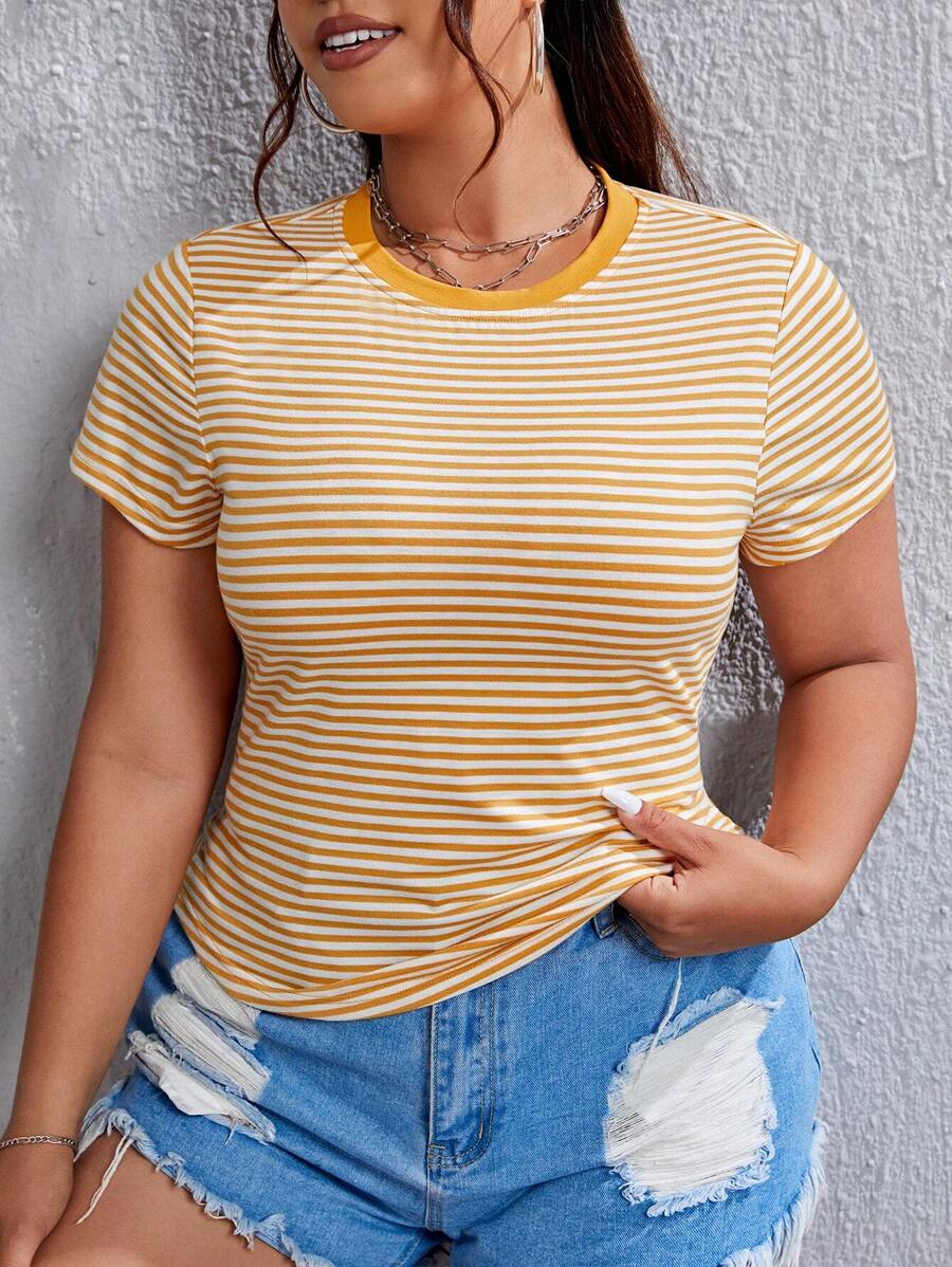 SHEIN EZwear 夏季加大条纹印花 T 恤 - 黃色 - 查看 1