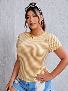 SHEIN EZwear 夏季加大条纹印花 T 恤 - 黃色 - 查看 3