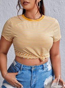 SHEIN EZwear 夏季加大条纹印花 T 恤 - 黃色 - 查看 4