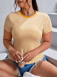 SHEIN EZwear 夏季加大条纹印花 T 恤 - 黃色 - 查看 5