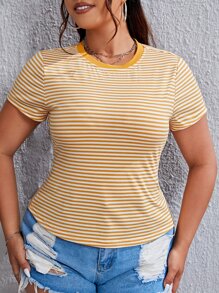 SHEIN EZwear 夏季加大条纹印花 T 恤 - 黃色 - 查看 6