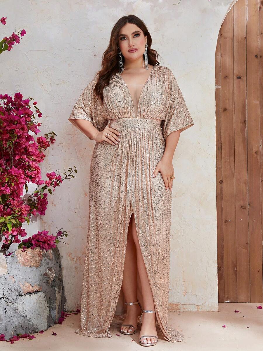 YISIKADO Đầm Plus Size Tương phản Mesh Dây kéo Tách cao màu trơn Buổi tiệc - Rượu sâm banh - Xem 1
