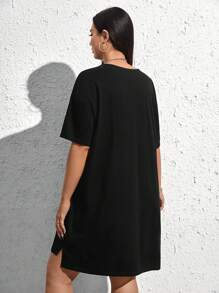 SHEIN EZwear Plus Solid Drop Shoulder Tee Dress - Black - View 4