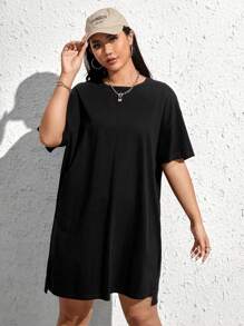 SHEIN EZwear Plus Solid Drop Shoulder Tee Dress - Black - View 2