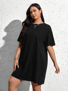 SHEIN EZwear Plus Solid Drop Shoulder Tee Dress - Black - View 5