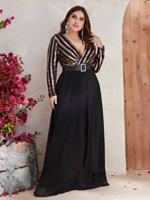 YISIKADO Plus Contrast Sequin Mesh Overlay Dress - Multicolor - View 1