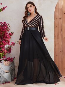 YISIKADO Plus Contrast Sequin Mesh Overlay Dress - Multicolor - View 5