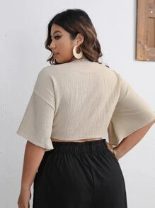 SHEIN VCAY Plus Twist Front Drop Shoulder Crop Blouse - Apricot - View 4