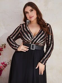 YISIKADO Plus Contrast Sequin Mesh Overlay Dress - Multicolor - View 4