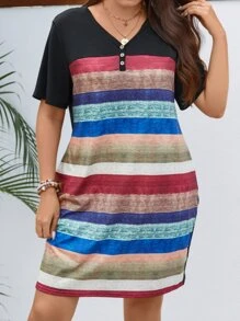 SHEIN LUNE 大碼撞色紐扣細節T恤洋裝 - 彩色 - 查看 3