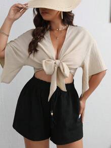 SHEIN VCAY Plus Twist Front Drop Shoulder Crop Blouse - Apricot - View 1