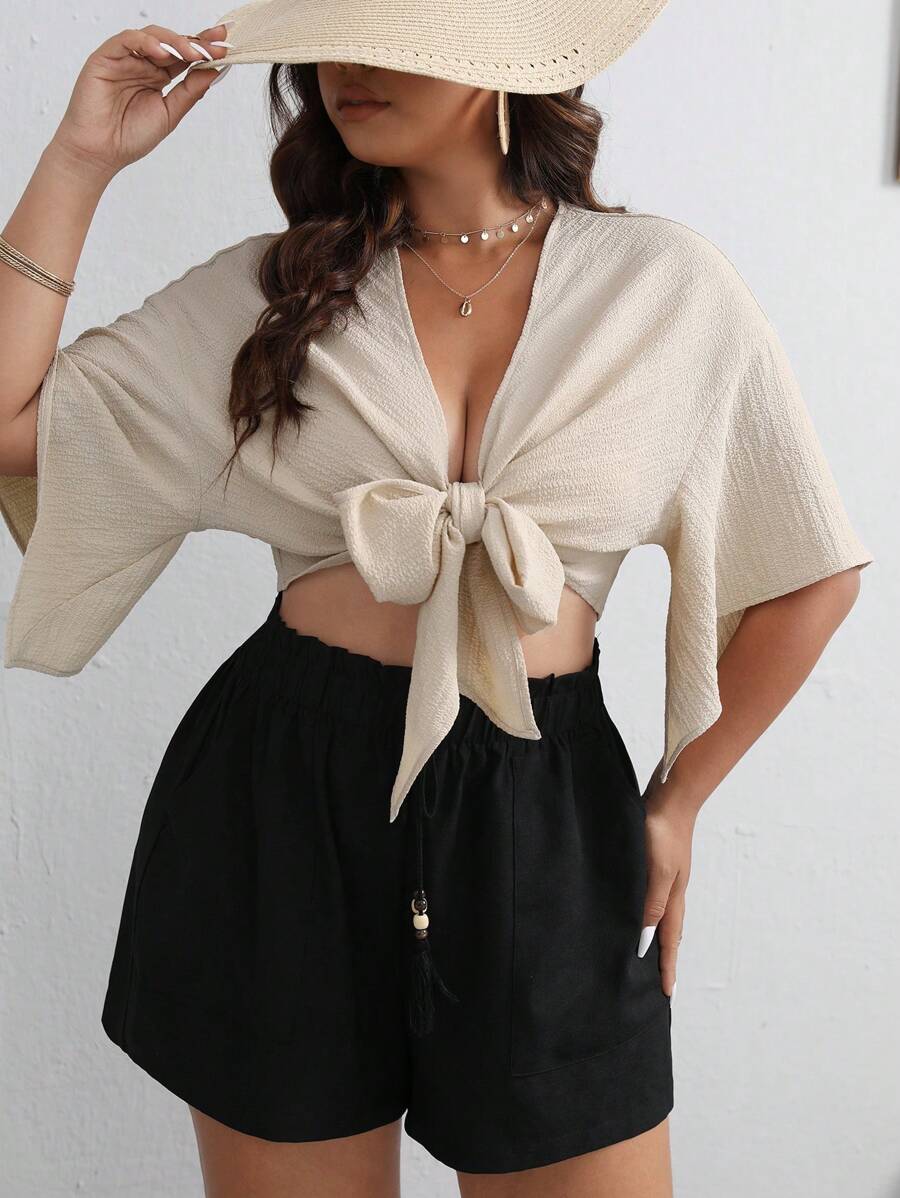 SHEIN VCAY Plus Twist Front Drop Shoulder Crop Blouse - Apricot - View 1