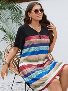 SHEIN LUNE 大碼撞色紐扣細節T恤洋裝 - 彩色 - 查看 6