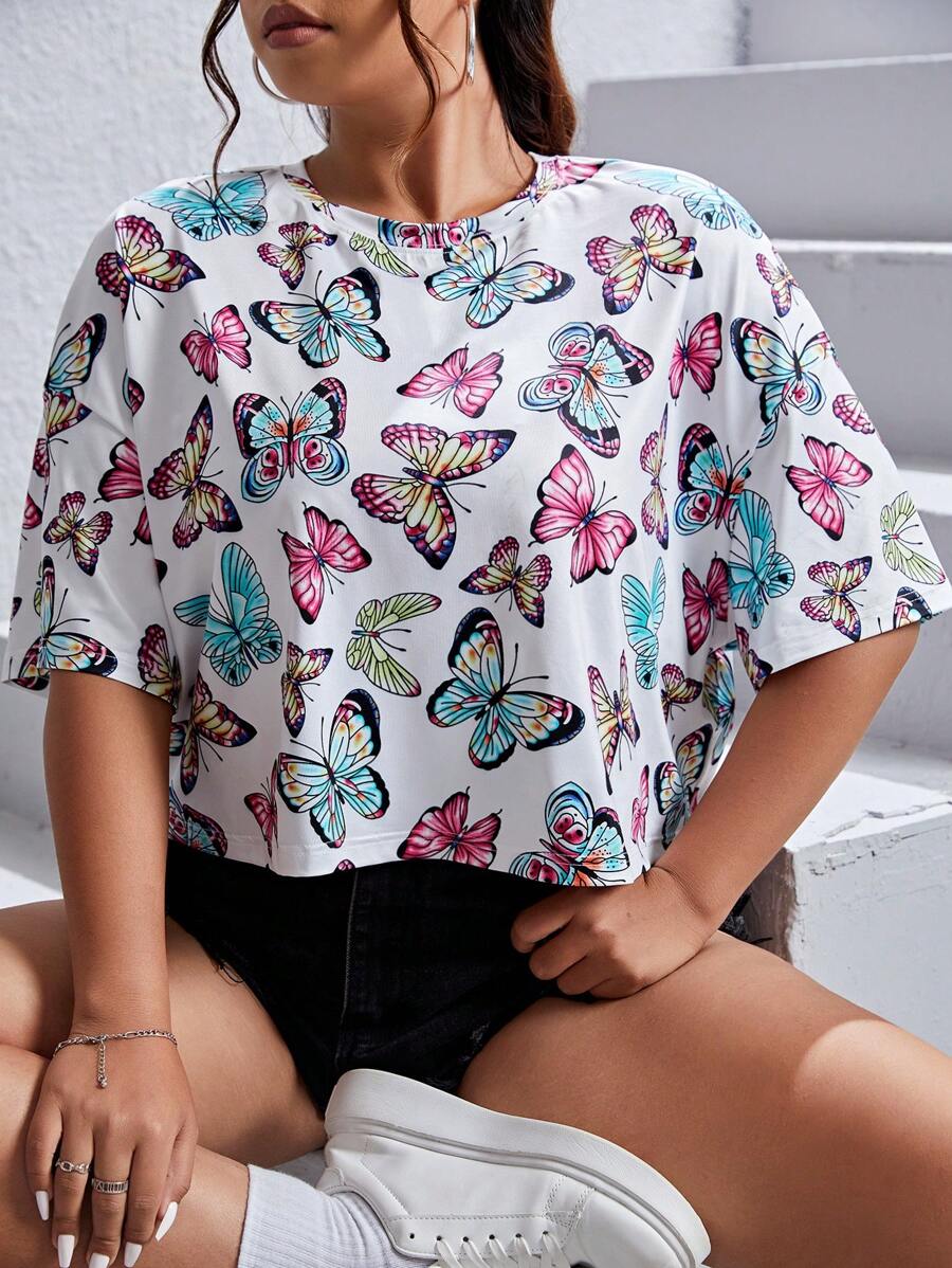 SHEIN Qutie Áo thun Plus size Loại bướm Tất cả trên in Giải trí - Nhiều màu - Xem 1
