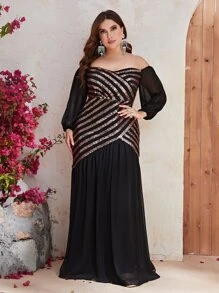YISIKADO Plus Off Shoulder Contrast Sequin Formal Dress - Black - View 1