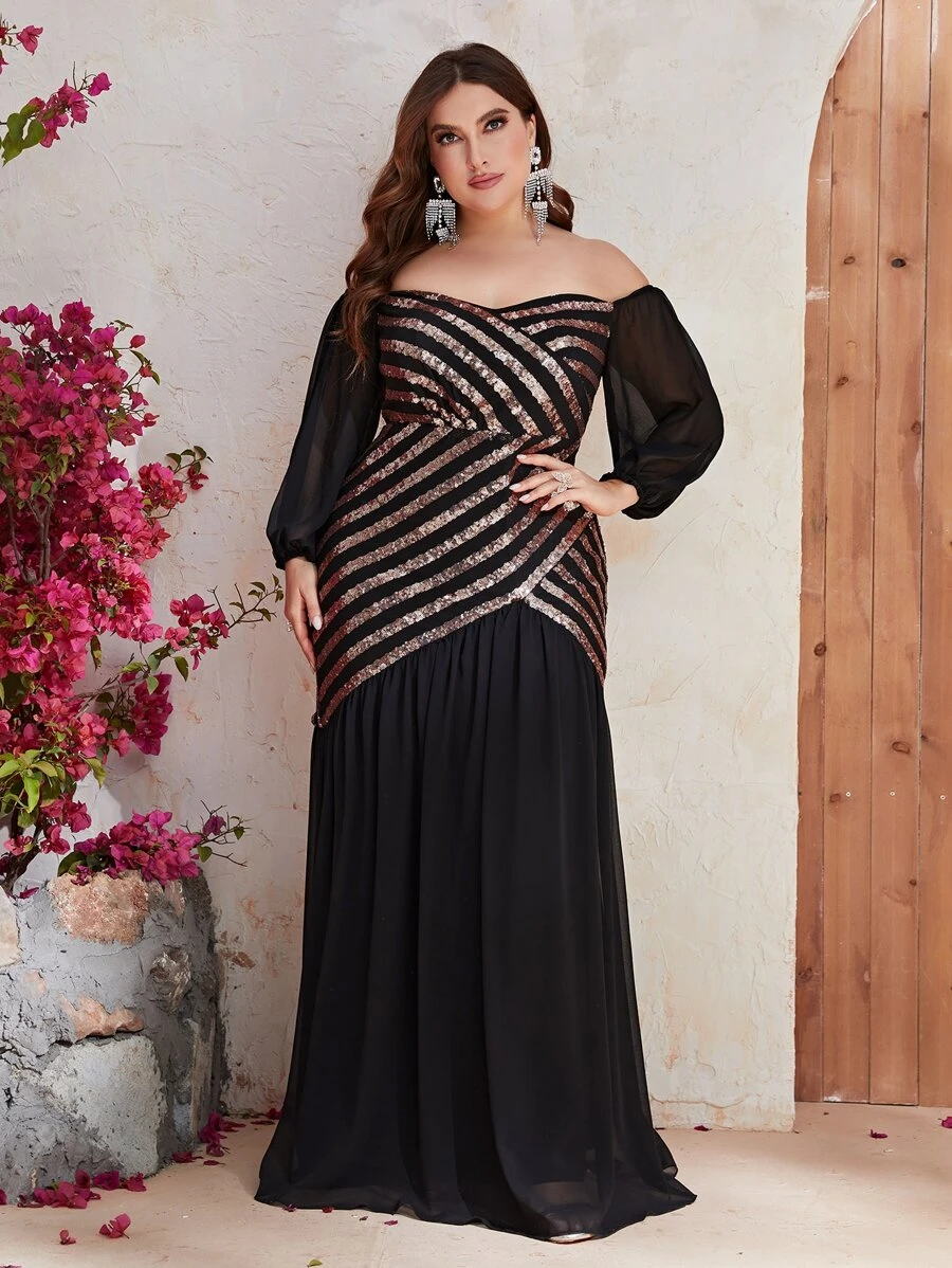 YISIKADO Plus Off Shoulder Contrast Sequin Formal Dress - Black - View 1