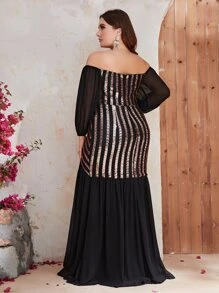 YISIKADO Plus Off Shoulder Contrast Sequin Formal Dress - Black - View 2