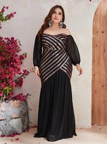 YISIKADO Plus Off Shoulder Contrast Sequin Formal Dress - Black - View 3