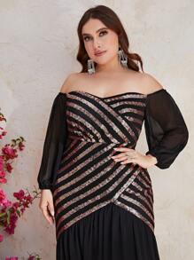 YISIKADO Plus Off Shoulder Contrast Sequin Formal Dress - Black - View 4