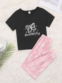 Girls Butterfly & Letter Graphic Tee & Trousers PJ Set - Multicolor - View 1