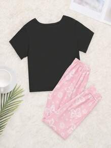 Girls Butterfly & Letter Graphic Tee & Trousers PJ Set - Multicolor - View 2